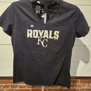 KANSAS CITY ROYALS MLB BASEBALL MAJESTIC BLACK V-NECK SHIRT WOMENS LARGE NWOT